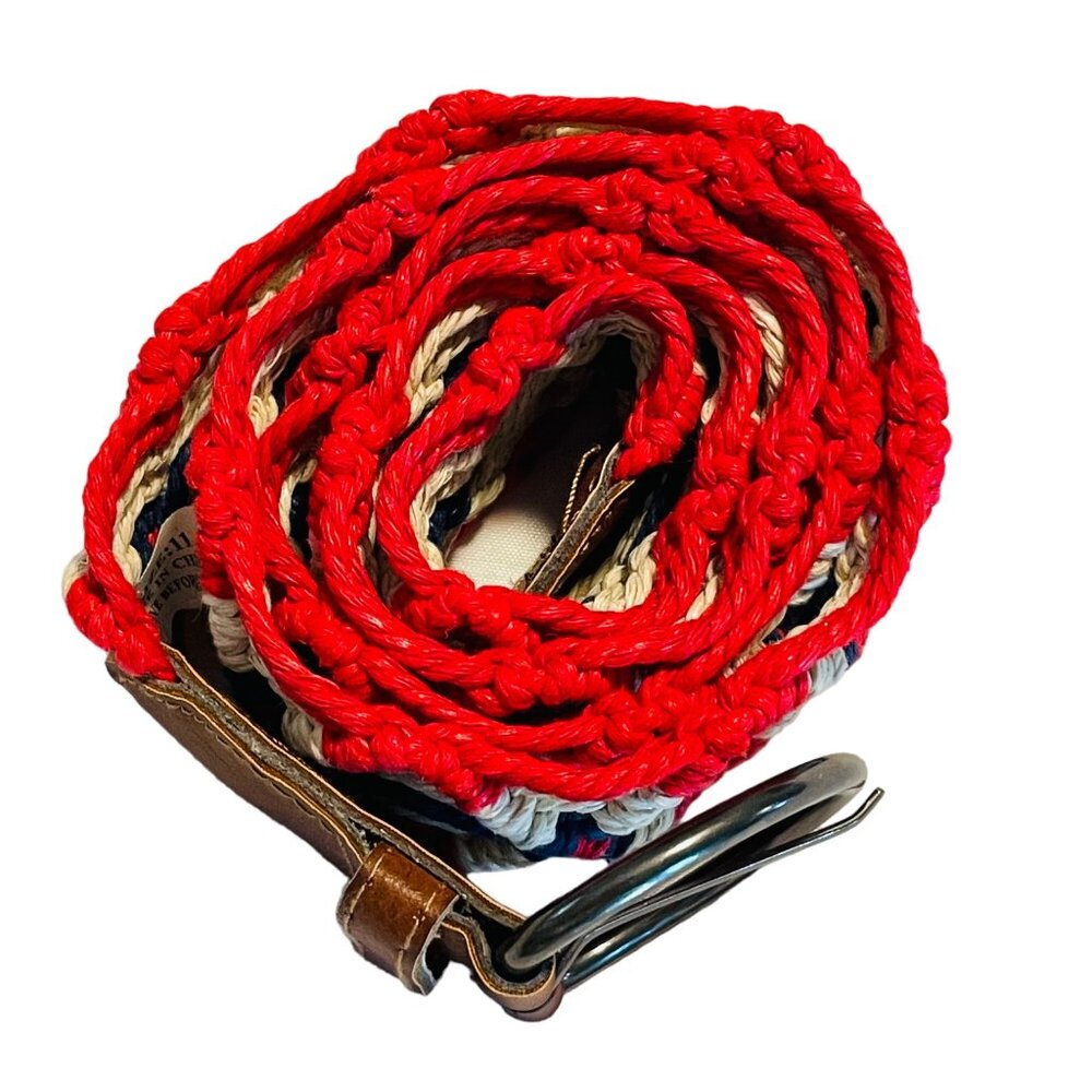 Vintage Woven Belt W/ Faux Leather Accents & D-Ring Buckle - Red White Blue - Si - Picture 11 of 12